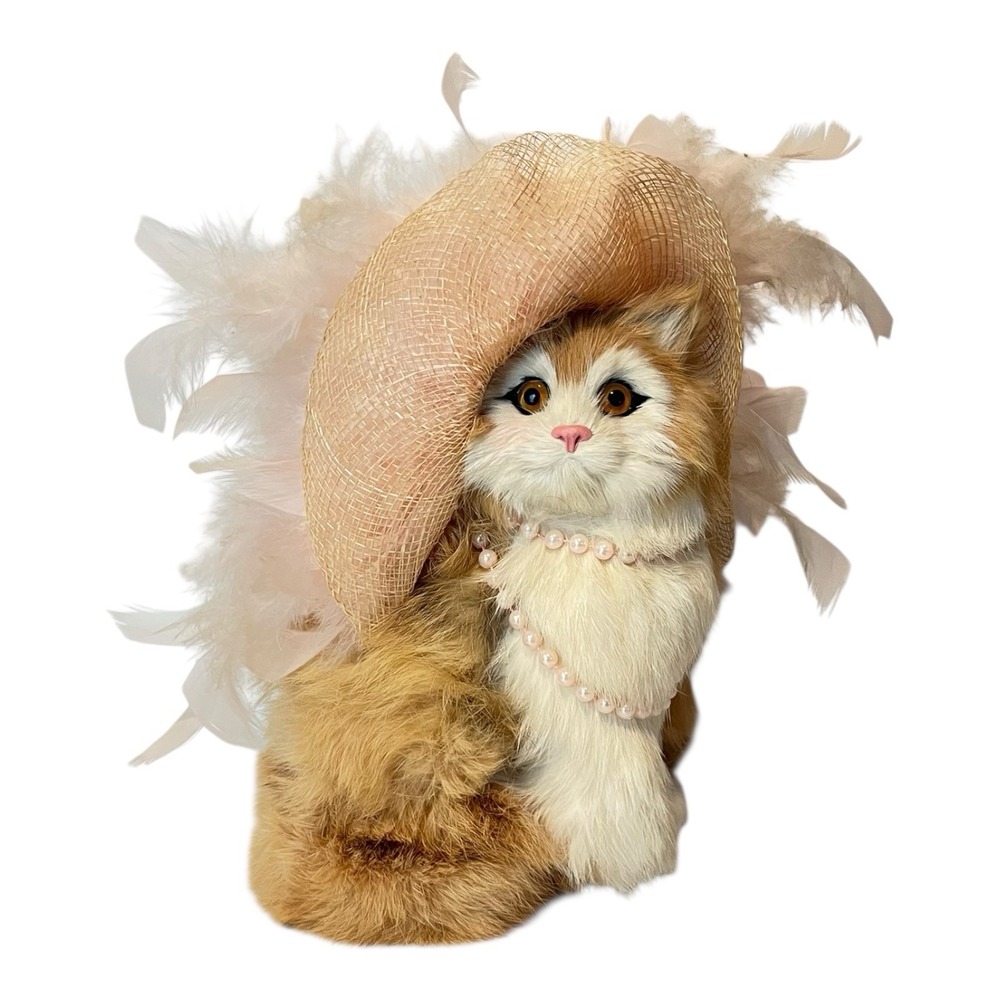 Vintage Genuine Rabbit Fur Fancy Cat Figure with Feather Hat & Pearl Necklace 8"